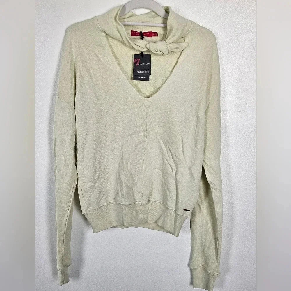 Sin sweatshirt in chartreuse neck tie closure size small raw hem neckline